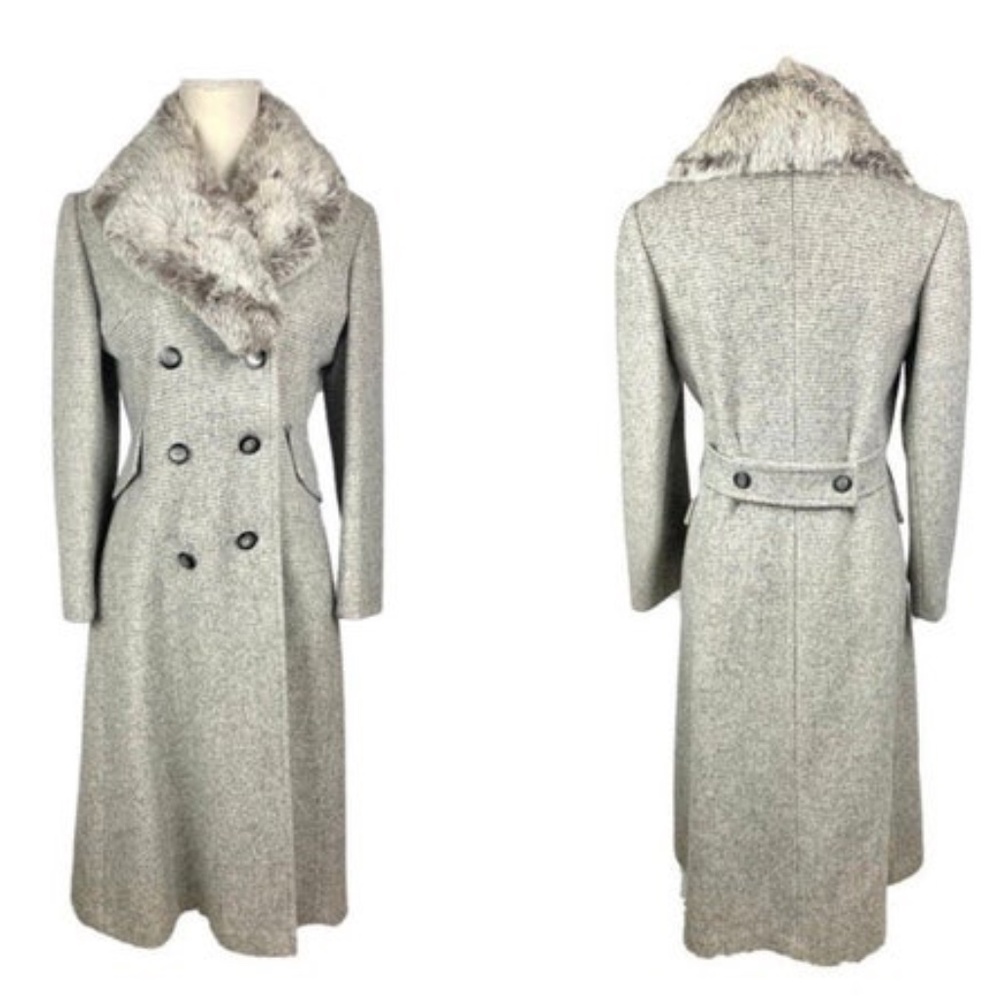 1970's Vintage Gray Wool Fur Collared Double Breasted Duster Coat